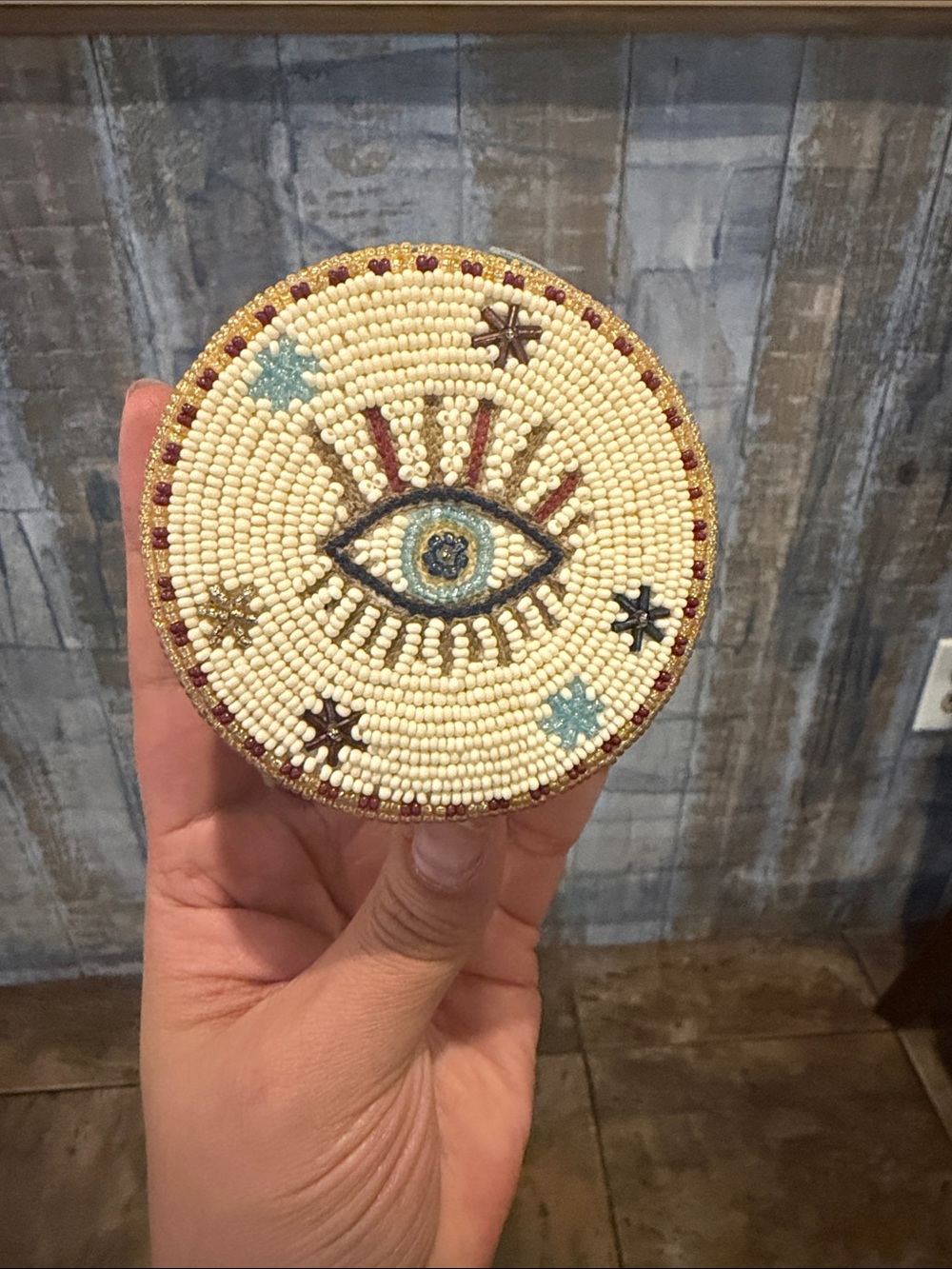 Anthropologie Beaded Eye Motif Round Trinket Dish - Cream, Blue, Burgundy